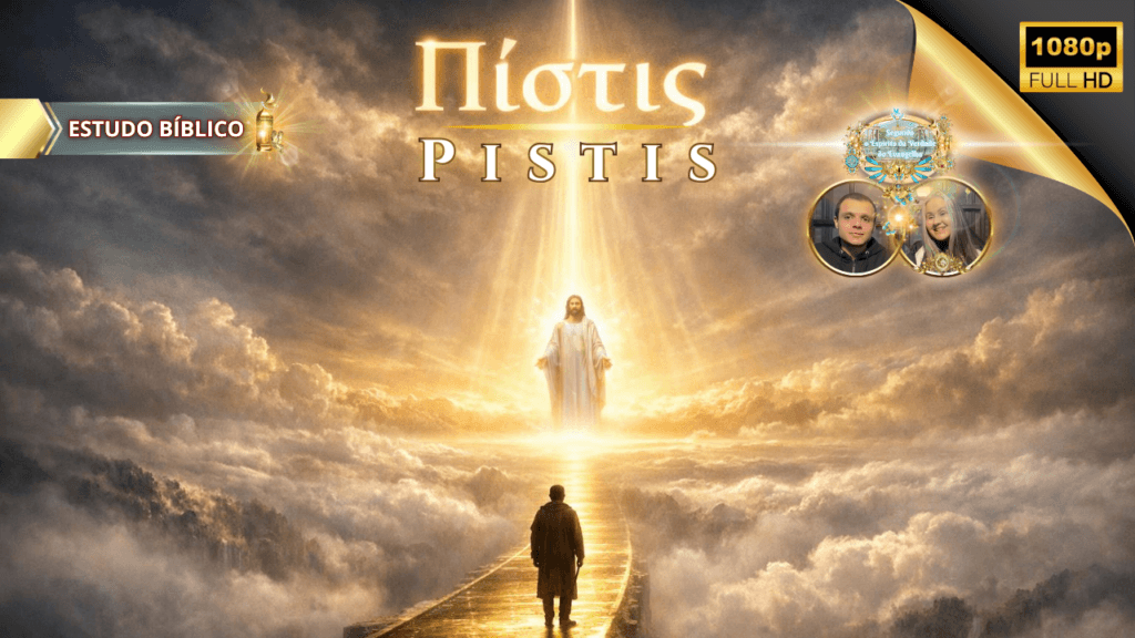 Caminho de luz levando a Jesus Cristo glorificado nas nuvens, representando a fé cristã (Pistis) e a jornada espiritual do crente – estudo bíblico da Deus e Nós Igreja Online.
