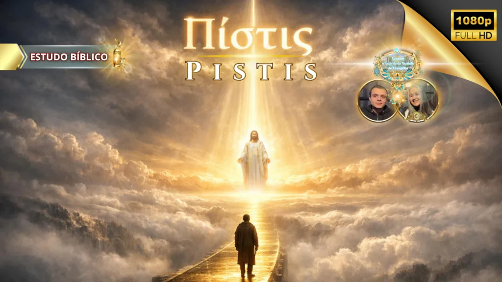 Caminho de luz levando a Jesus Cristo glorificado nas nuvens, representando a fé cristã (Pistis) e a jornada espiritual do crente – estudo bíblico da Deus e Nós Igreja Online.