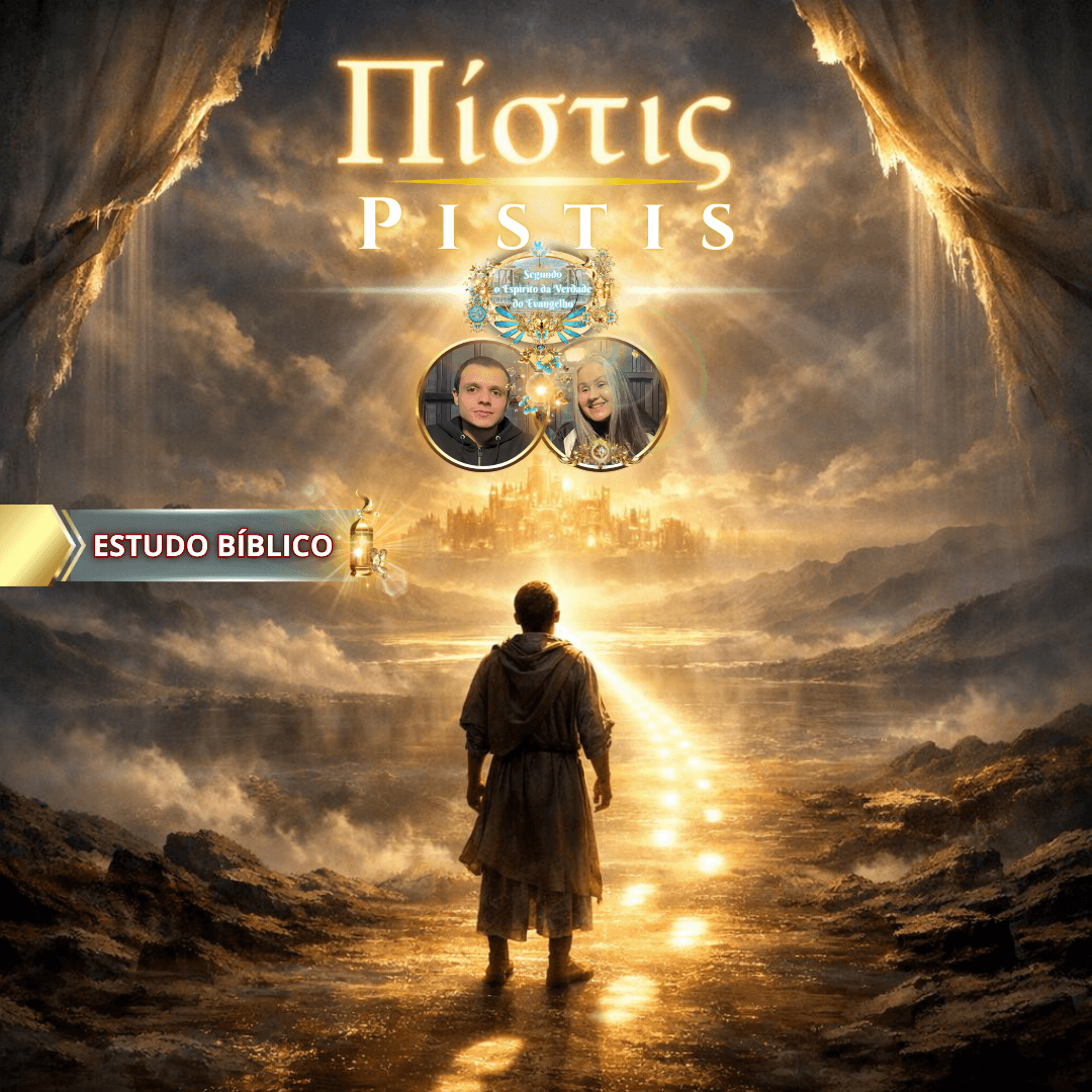 Homem caminhando pela estrada de luz em direção à cidade celestial, simbolizando a fé cristã (Pistis) segundo a Bíblia, em estudo bíblico da Deus e Nós Igreja Online.