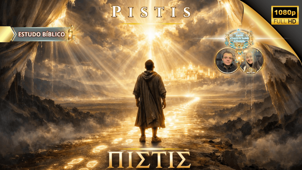 Homem caminhando pela estrada de luz em direção à cidade celestial, simbolizando a fé cristã (Pistis) segundo a Bíblia, em estudo bíblico da Deus e Nós Igreja Online.