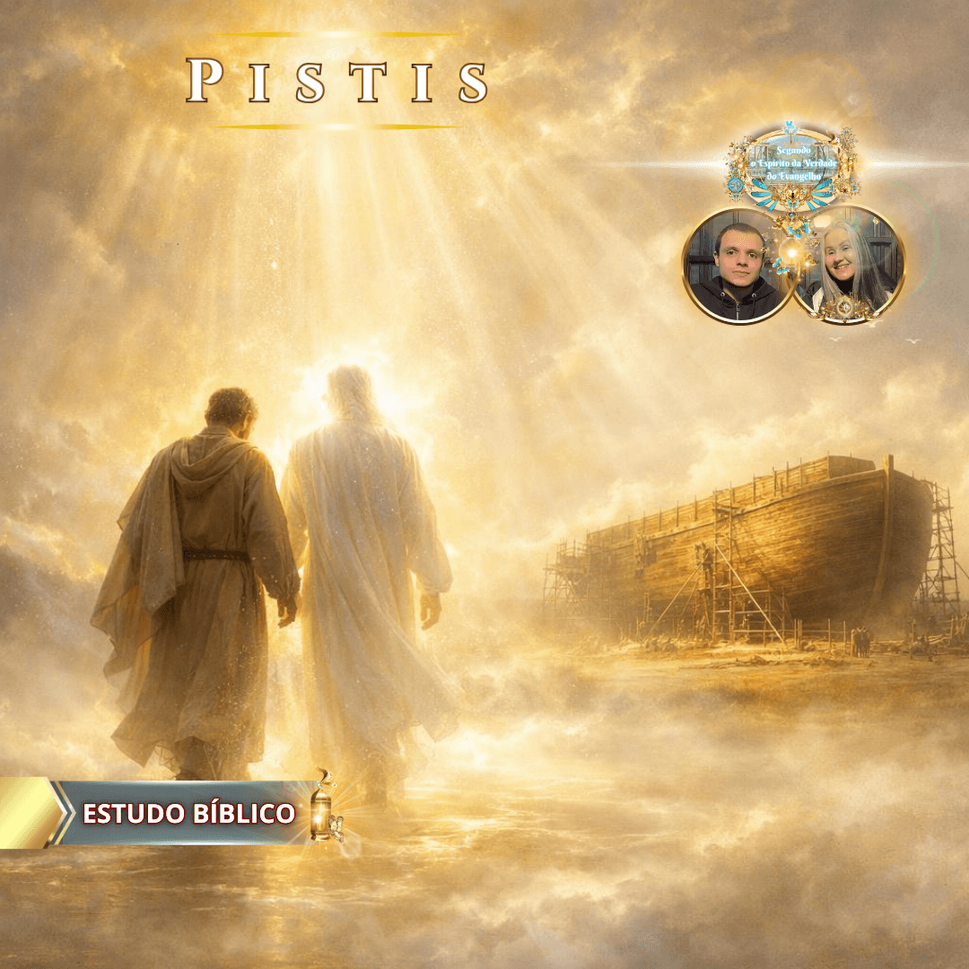 Homem caminhando de mãos dadas com Jesus pela luz celestial, simbolizando a fé bíblica (Pistis), a obediência e a salvação segundo as Escrituras, em estudo bíblico da Deus e Nós Igreja Online.