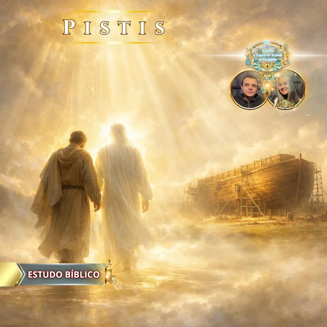 Homem caminhando de mãos dadas com Jesus pela luz celestial, simbolizando a fé bíblica (Pistis), a obediência e a salvação segundo as Escrituras, em estudo bíblico da Deus e Nós Igreja Online.