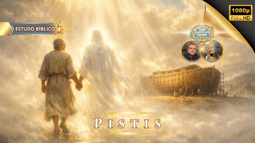 Homem caminhando de mãos dadas com Jesus pela luz celestial, simbolizando a fé bíblica (Pistis), a obediência e a salvação segundo as Escrituras, em estudo bíblico da Deus e Nós Igreja Online.