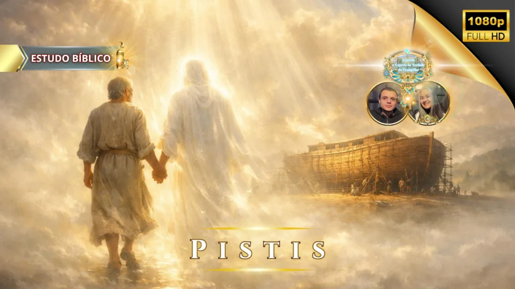 Homem caminhando de mãos dadas com Jesus pela luz celestial, simbolizando a fé bíblica (Pistis), a obediência e a salvação segundo as Escrituras, em estudo bíblico da Deus e Nós Igreja Online.