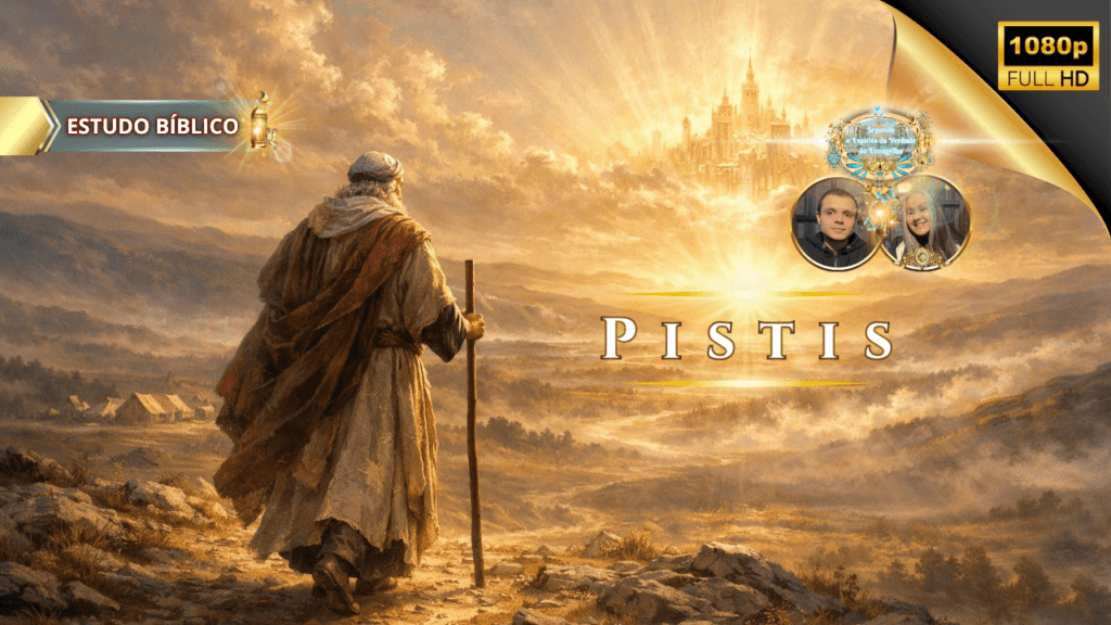 Peregrino bíblico caminhando pela jornada da fé em direção à cidade celestial, simbolizando Pistis, a fé perseverante segundo a Bíblia, em estudo bíblico da Deus e Nós Igreja Online.