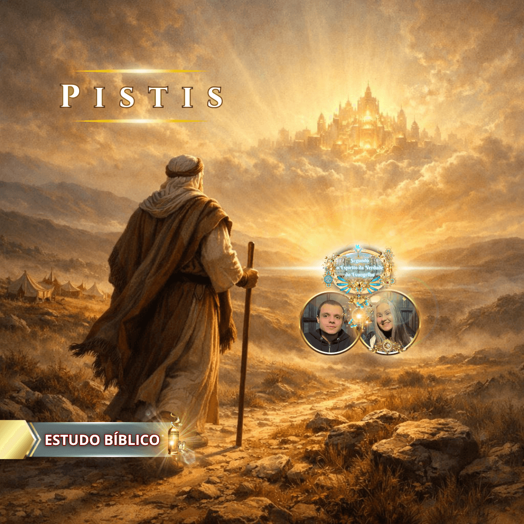 Peregrino bíblico caminhando pela jornada da fé em direção à cidade celestial, simbolizando Pistis, a fé perseverante segundo a Bíblia, em estudo bíblico da Deus e Nós Igreja Online.