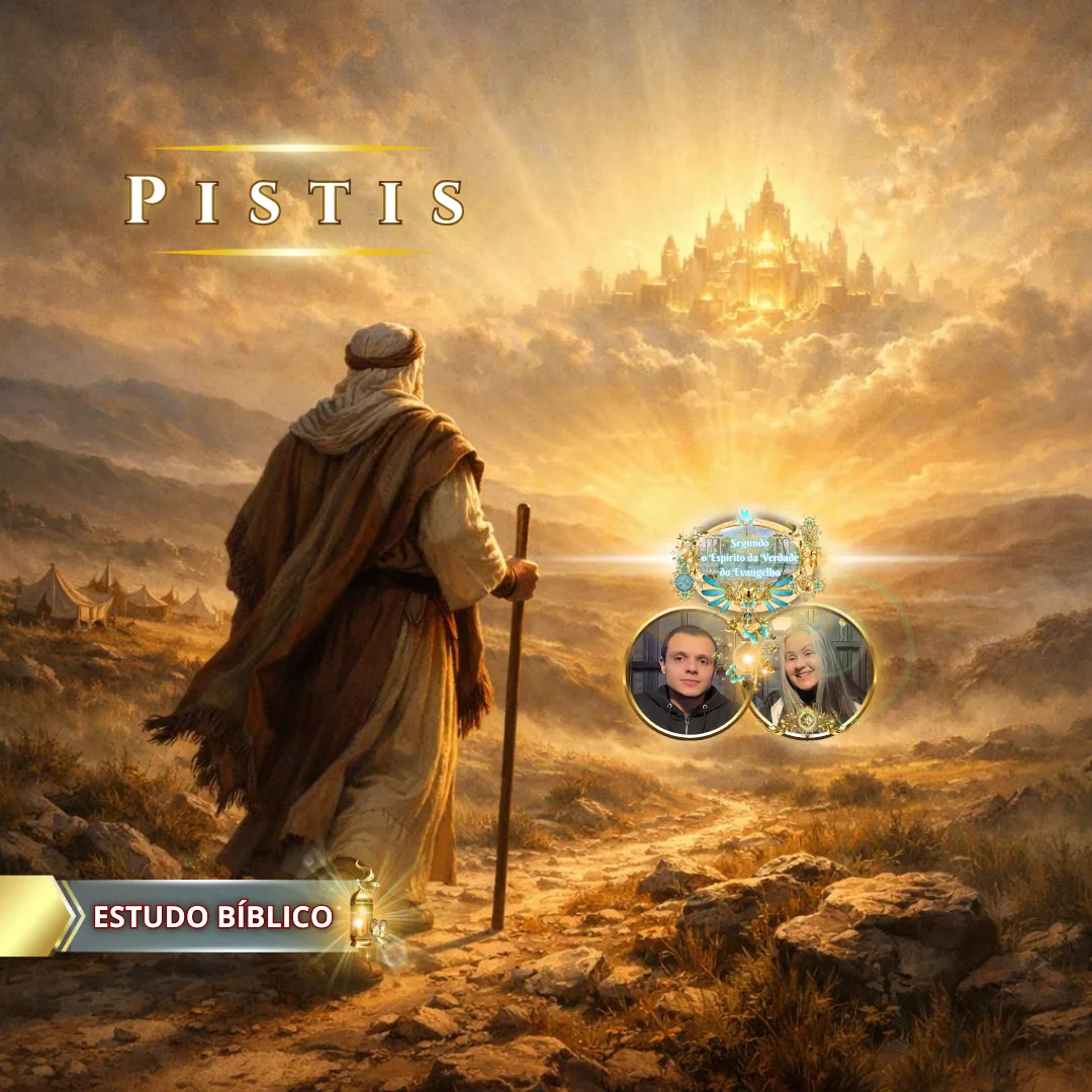 Peregrino bíblico caminhando pela jornada da fé em direção à cidade celestial, simbolizando Pistis, a fé perseverante segundo a Bíblia, em estudo bíblico da Deus e Nós Igreja Online.