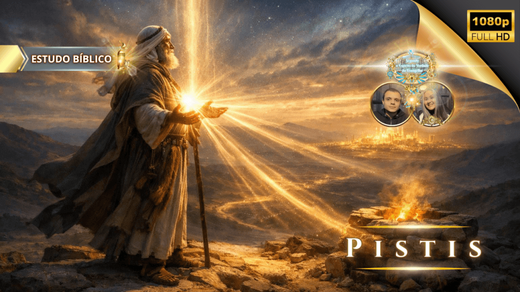 Servo de Deus, Abraão, erguendo as mãos e recebendo a luz divina, simbolizando Pistis, a fé bíblica revelada pelo Espírito Santo em estudo bíblico da Deus e Nós Igreja Online.