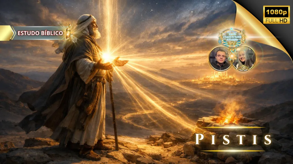 Servo de Deus, Abraão, erguendo as mãos e recebendo a luz divina, simbolizando Pistis, a fé bíblica revelada pelo Espírito Santo em estudo bíblico da Deus e Nós Igreja Online.