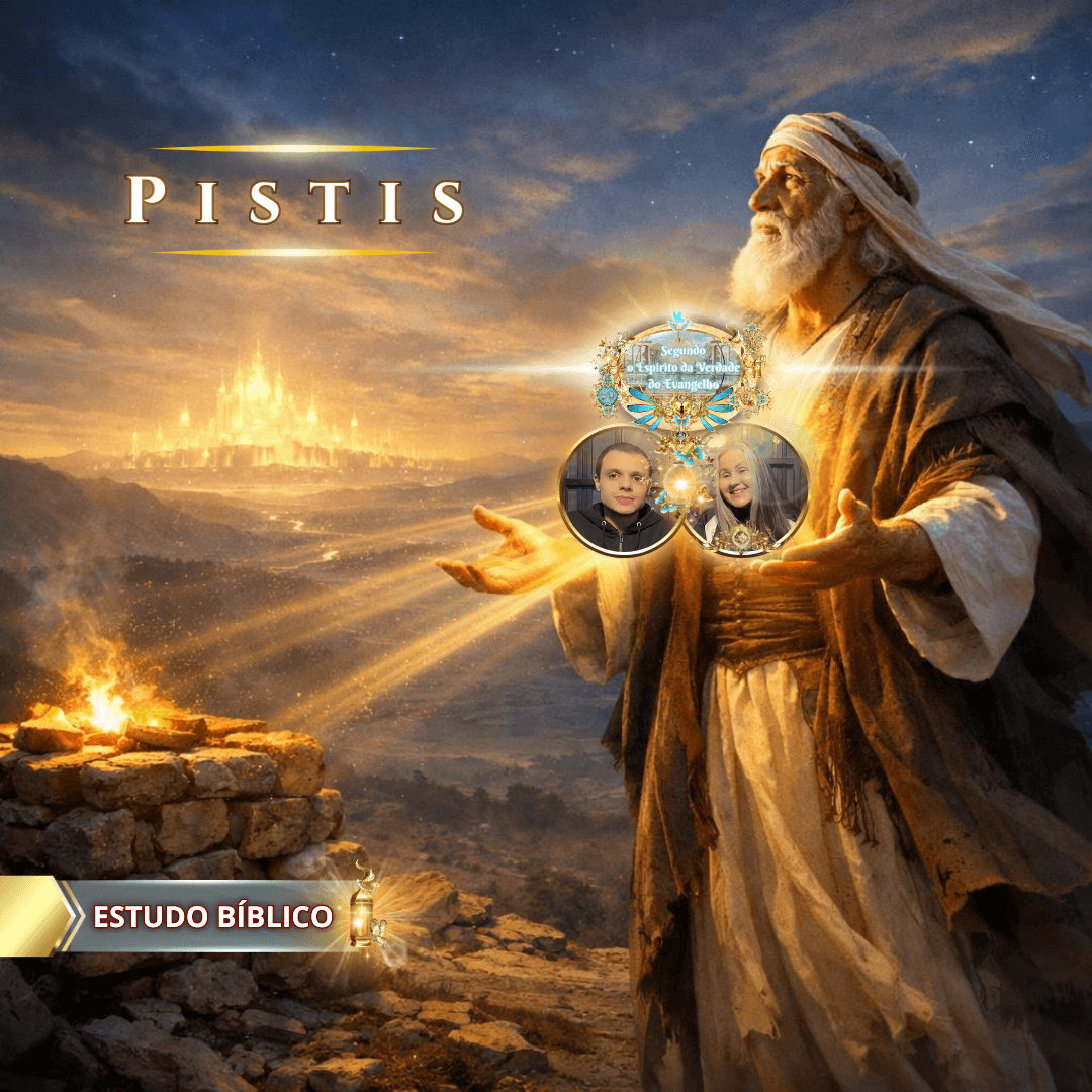 Servo de Deus, Abraão, erguendo as mãos e recebendo a luz divina, simbolizando Pistis, a fé bíblica revelada pelo Espírito Santo em estudo bíblico da Deus e Nós Igreja Online.