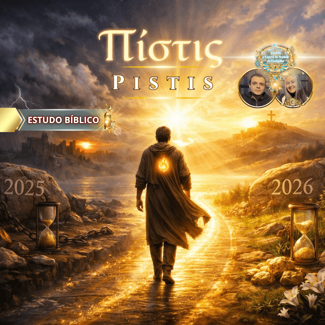 Pistis — homem caminhando pela estrada iluminada da fé entre provações e promessas, simbolizando crescimento espiritual, perseverança cristã e confiança em Deus rumo ao novo tempo.