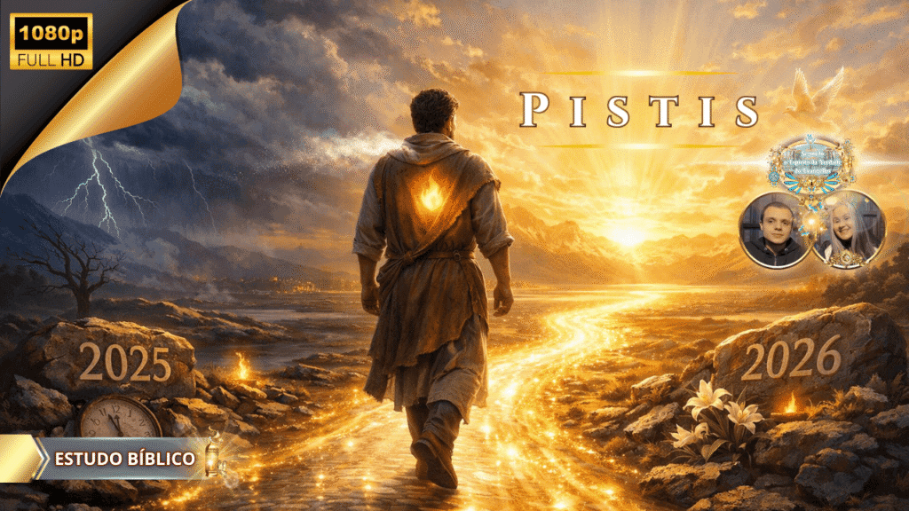 Pistis — homem caminhando pela estrada iluminada da fé entre provações e promessas, simbolizando crescimento espiritual, perseverança cristã e confiança em Deus rumo ao novo tempo.