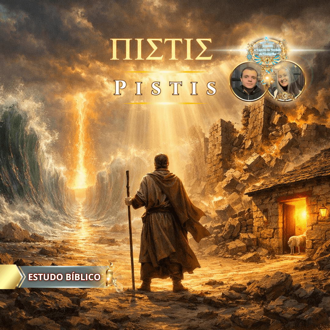 Representação bíblica da fé (Pistis) com personagem atravessando o caminho aberto por Deus, simbolizando confiança em Cristo, estudo bíblico e caminhada espiritual cristã.