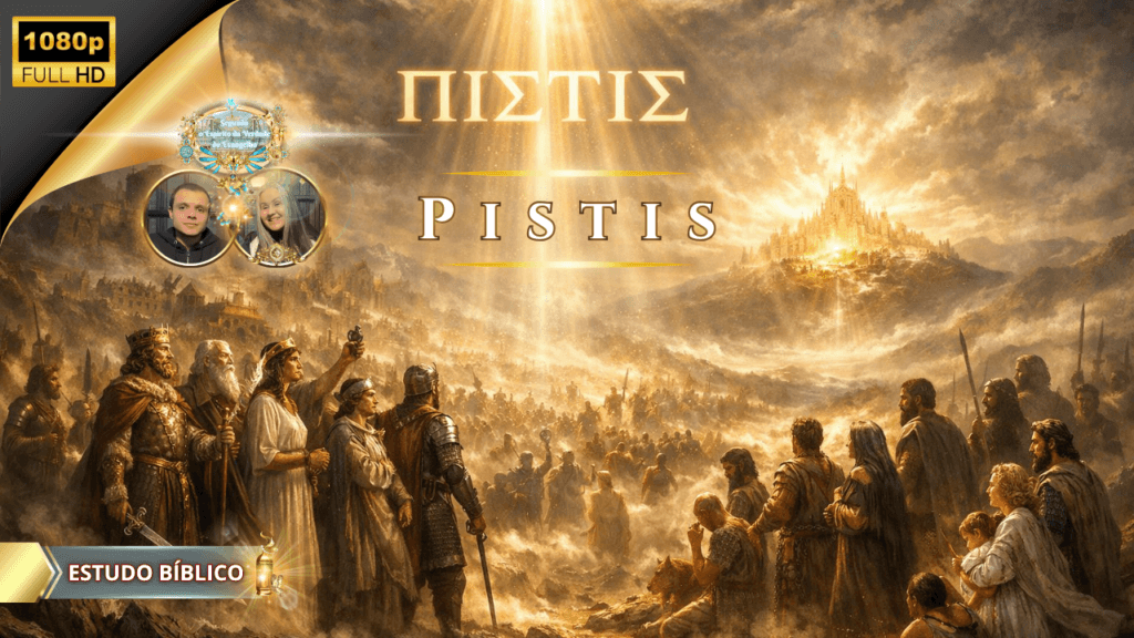 Pistis — fé bíblica representada por heróis da fé avançando em direção à cidade celestial, simbolizando confiança em Deus, perseverança cristã e estudo bíblico baseado nas Escrituras.