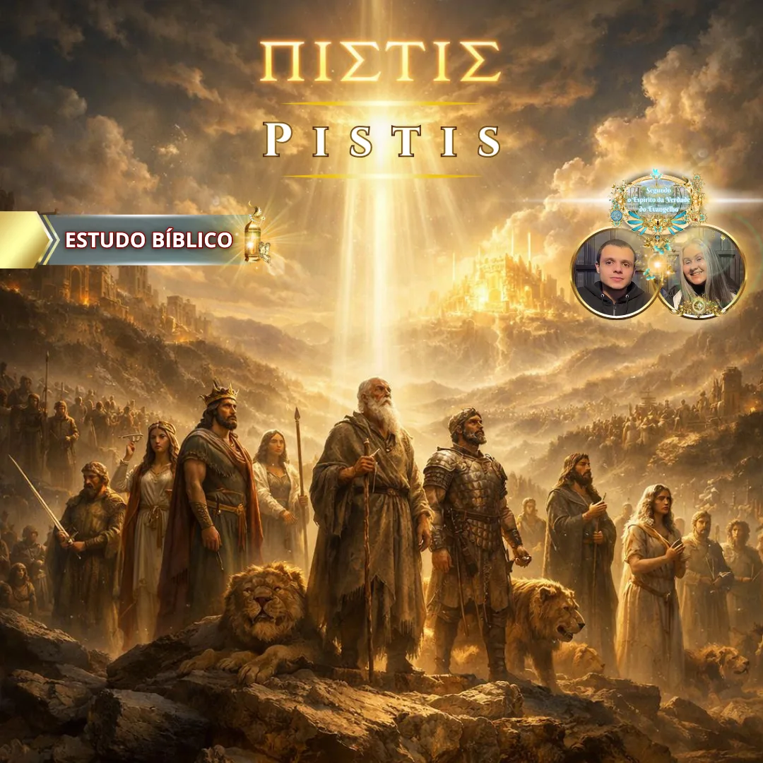 Pistis — fé bíblica representada por heróis da fé avançando em direção à cidade celestial, simbolizando confiança em Deus, perseverança cristã e estudo bíblico baseado nas Escrituras.