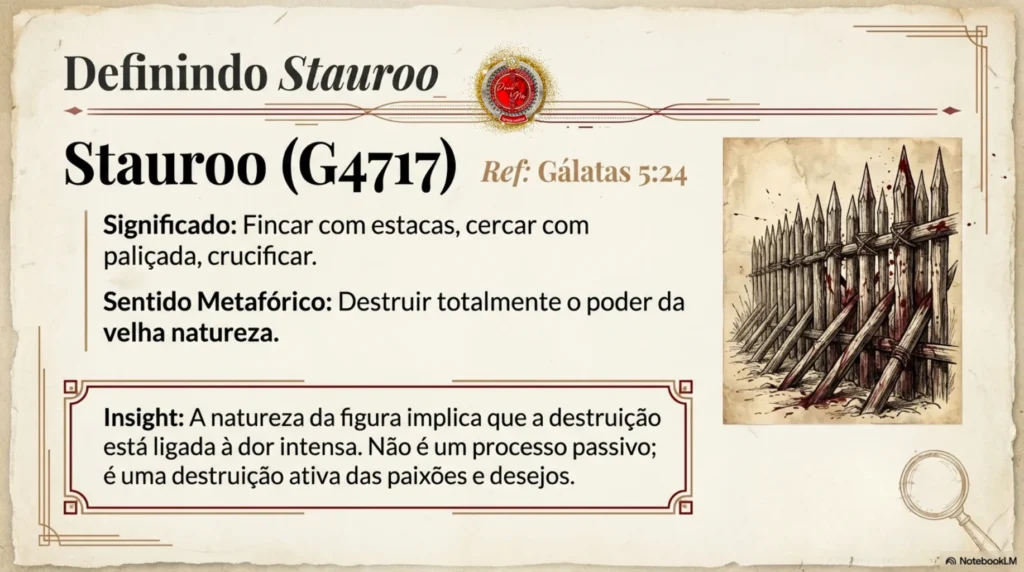 Cruz de Cristo com a inscrição grega “σταυρόω” (stauróō), representando a crucificação profética de Jesus, a verdade do evangelho e o estudo bíblico sobre a cruz e a redenção segundo as Escrituras.