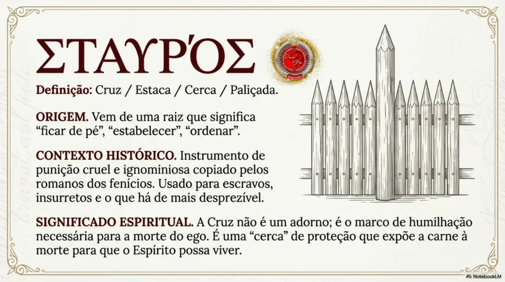 Cruz de Cristo iluminada com a palavra grega “σταυρός (Staurós)”, representando a mensagem da cruz, a redenção em Jesus Cristo e o estudo bíblico sobre Gálatas 5:24 na Deus e Nós Igreja Online.