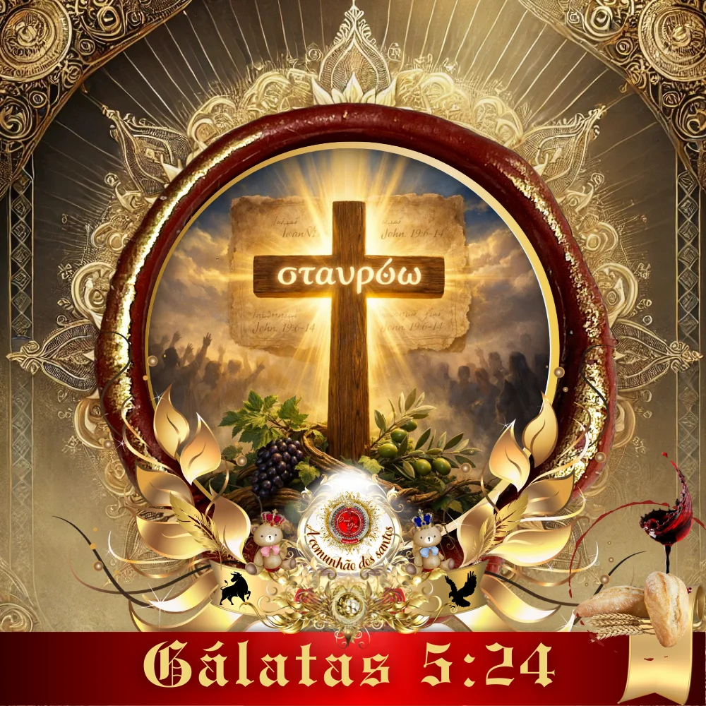Arte sacra cristã com Jesus Cristo, cruz iluminada, uvas e trigo simbolizando comunhão, Virgem Maria ao lado e texto “Culto Online – Gálatas 5:24” da Deus e Nós Igreja Online.