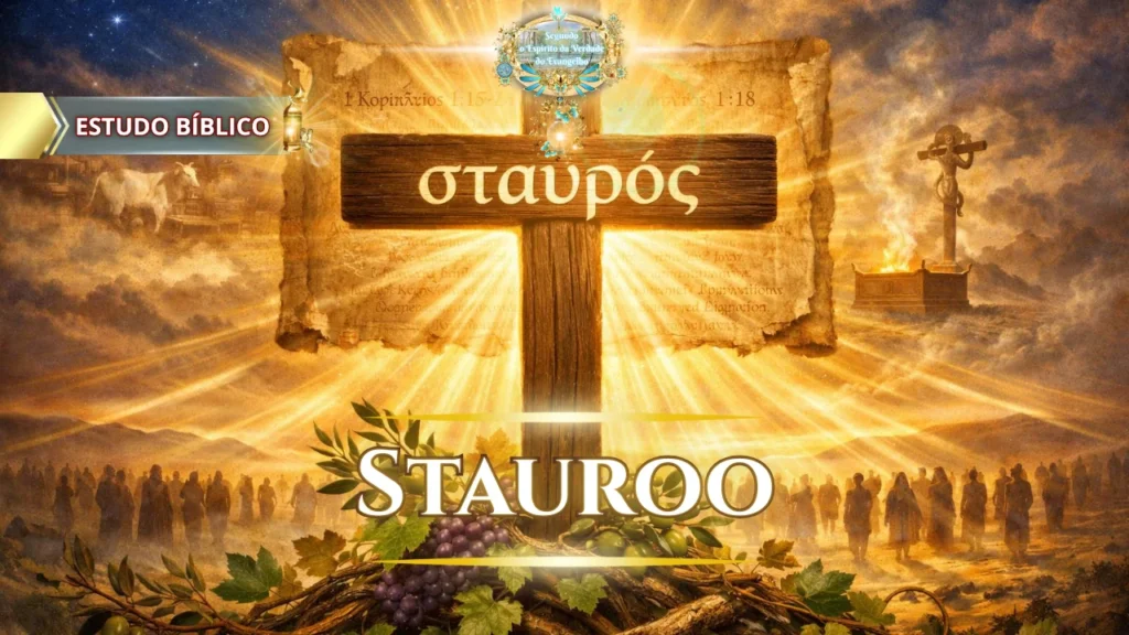 A cruz de Cristo iluminada em glória celestial, com a inscrição grega “staurós”, representando o poder da cruz, a salvação e a fé verdadeira segundo o Evangelho de Jesus