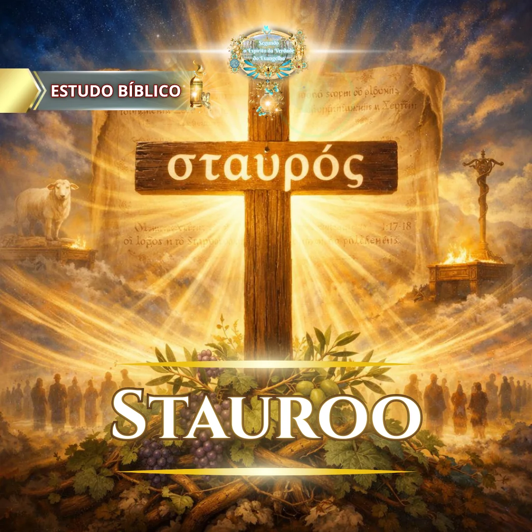 A cruz de Cristo iluminada em glória celestial, com a inscrição grega “staurós”, representando o poder da cruz, a salvação e a fé verdadeira segundo o Evangelho de Jesus