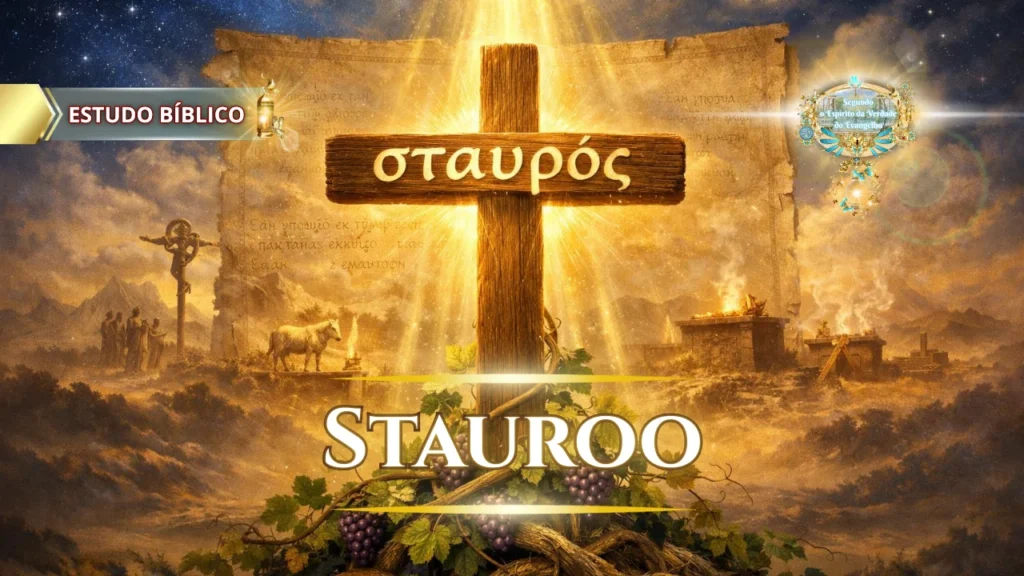Cruz de Cristo com a inscrição grega “σταυρός”, simbolizando a crucificação da carne, a redenção em Jesus e o estudo bíblico de Gálatas 5:24, da Deus e Nós Igreja Online