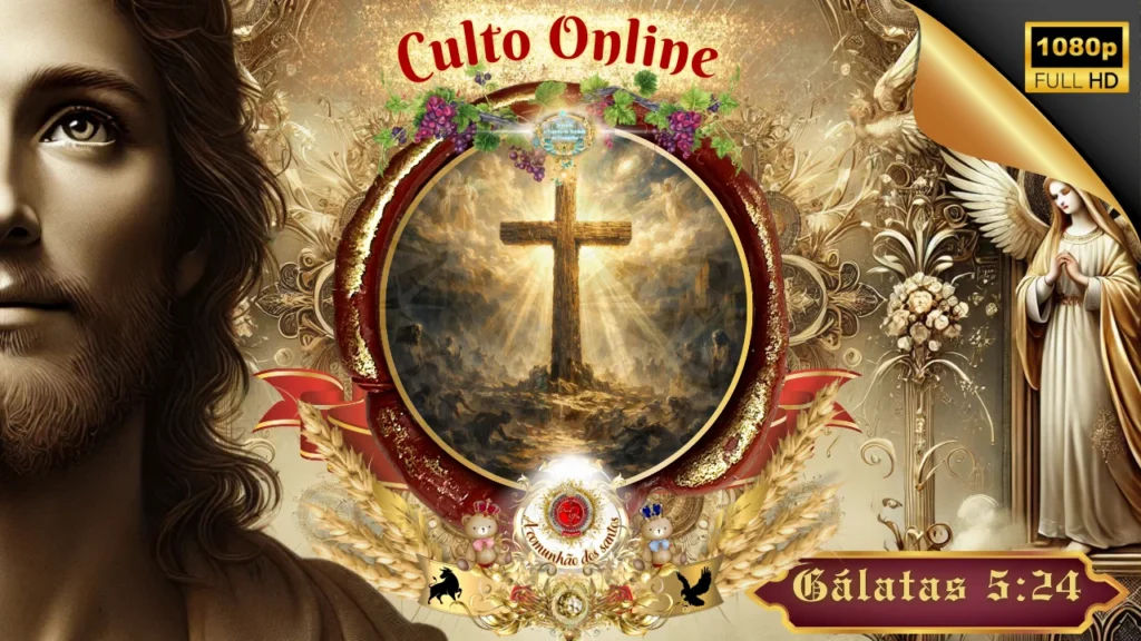 Culto online com estudo bíblico sobre Gálatas 5:24, a crucificação da carne, a cruz de Cristo e a vida no Espírito, representada por Jesus, a cruz gloriosa e a comunhão dos santos