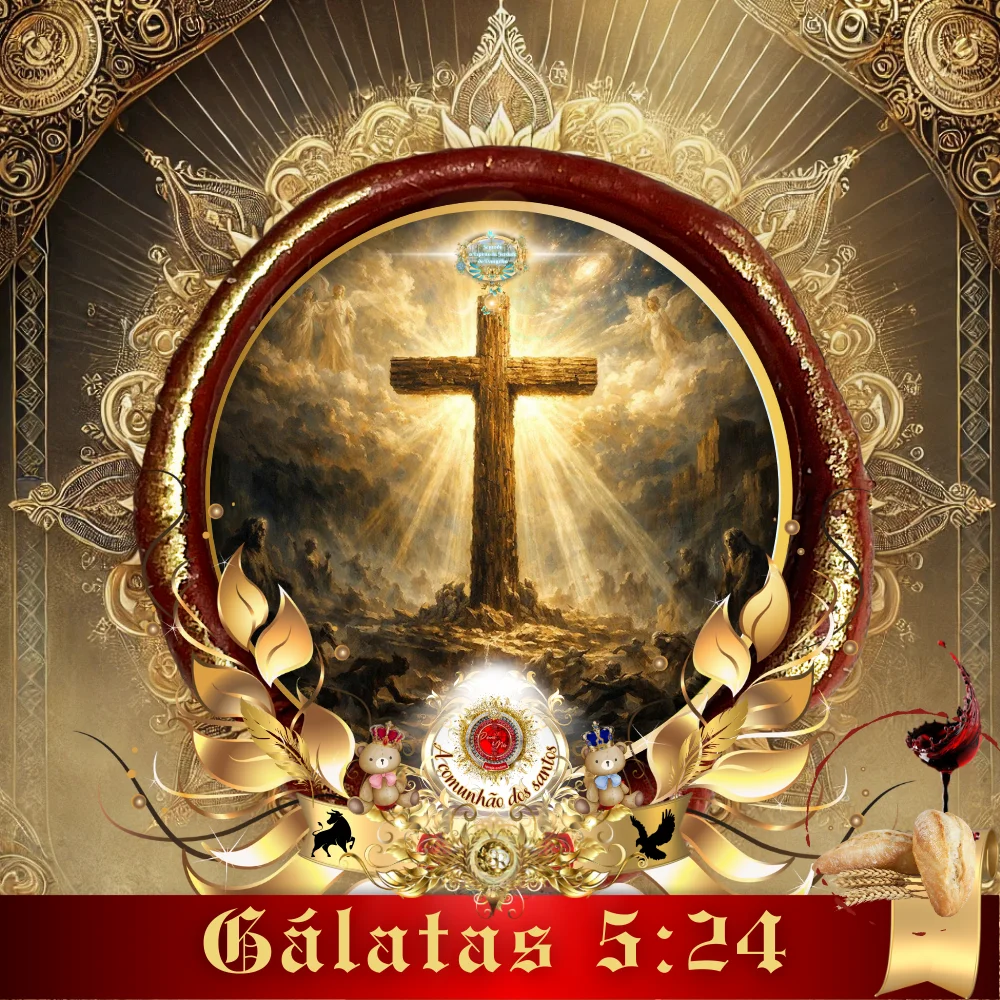 Culto online com estudo bíblico sobre Gálatas 5:24, a crucificação da carne, a cruz de Cristo e a vida no Espírito, representada por Jesus, a cruz gloriosa e a comunhão dos santos