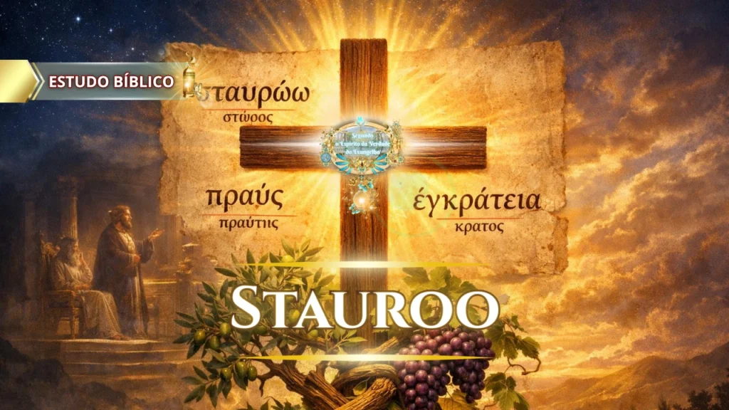 A cruz de Cristo com inscrições em grego bíblico sobre crucificação, mansidão e domínio próprio, representando a morte da carne e a vida no Espírito.