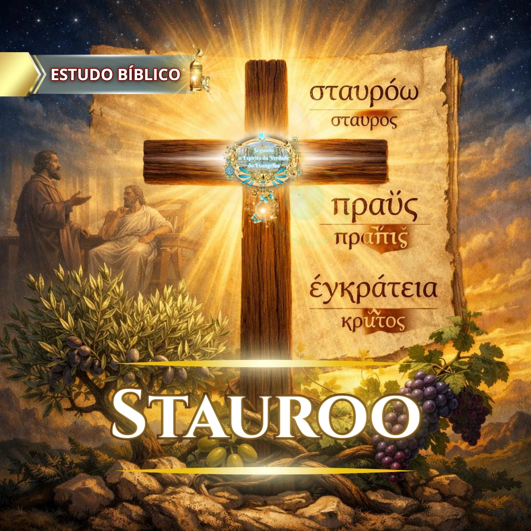 A cruz de Cristo com inscrições em grego bíblico sobre crucificação, mansidão e domínio próprio, representando a morte da carne e a vida no Espírito.