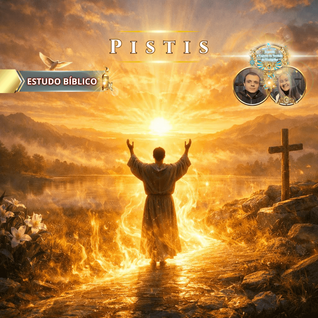 Pistis — homem de pé com braços erguidos diante da luz divina sobre as águas, simbolizando fé cristã viva, entrega total a Deus, adoração em espírito e crescimento espiritual segundo o Espírito da Verdade do Evangelho.