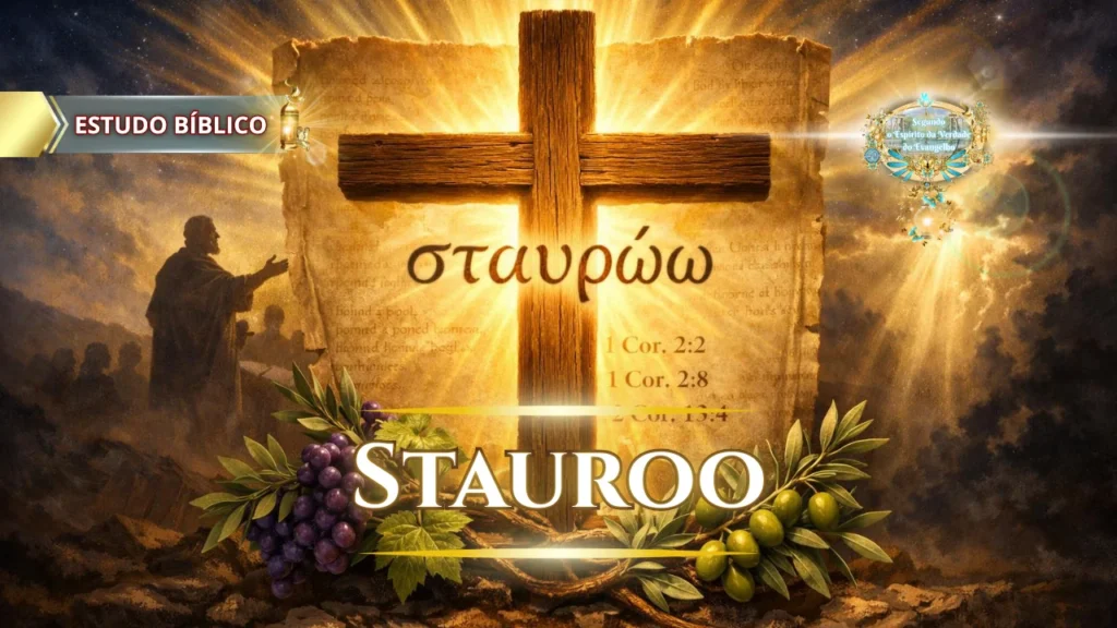 Cruz de Cristo resplandecendo com o significado bíblico de stauróō, revelando a crucificação da carne, a verdadeira liberdade no Espírito e o centro do Evangelho.