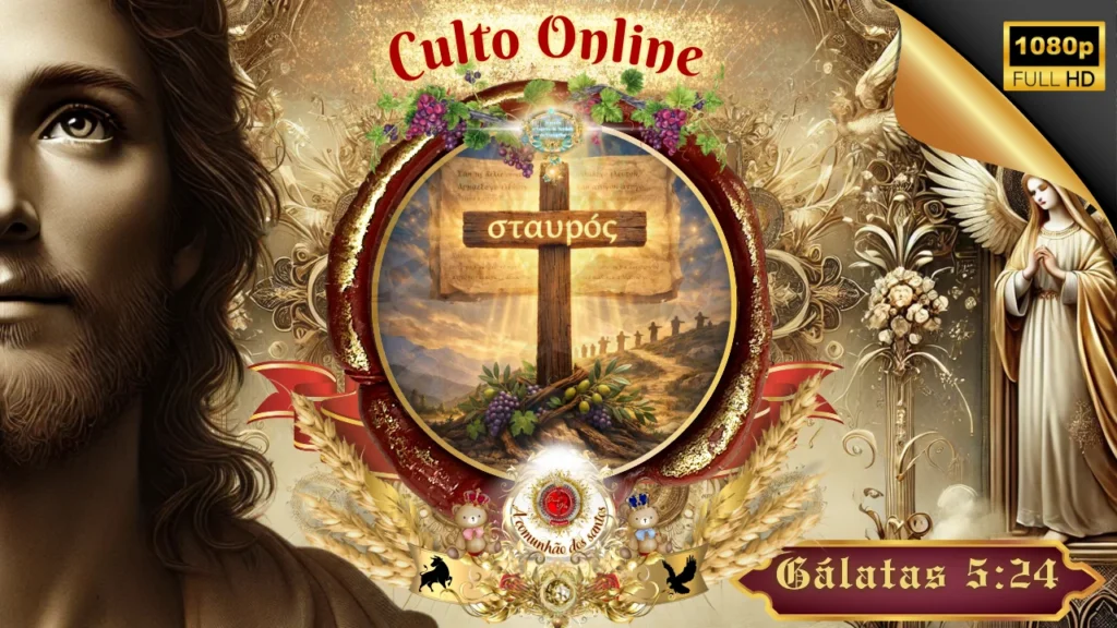 Culto online cristão com a cruz de Cristo e a inscrição grega “σταυρός” (staurós), representando Gálatas 5:24, a crucificação da carne, a comunhão dos santos e a vida no Espírito Segundo o Espírito da Verdade do Evangelho.