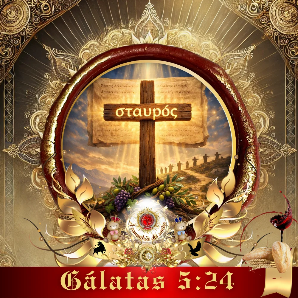 Culto online cristão com a cruz de Cristo e a inscrição grega “σταυρός” (staurós), representando Gálatas 5:24, a crucificação da carne, a comunhão dos santos e a vida no Espírito Segundo o Espírito da Verdade do Evangelho.