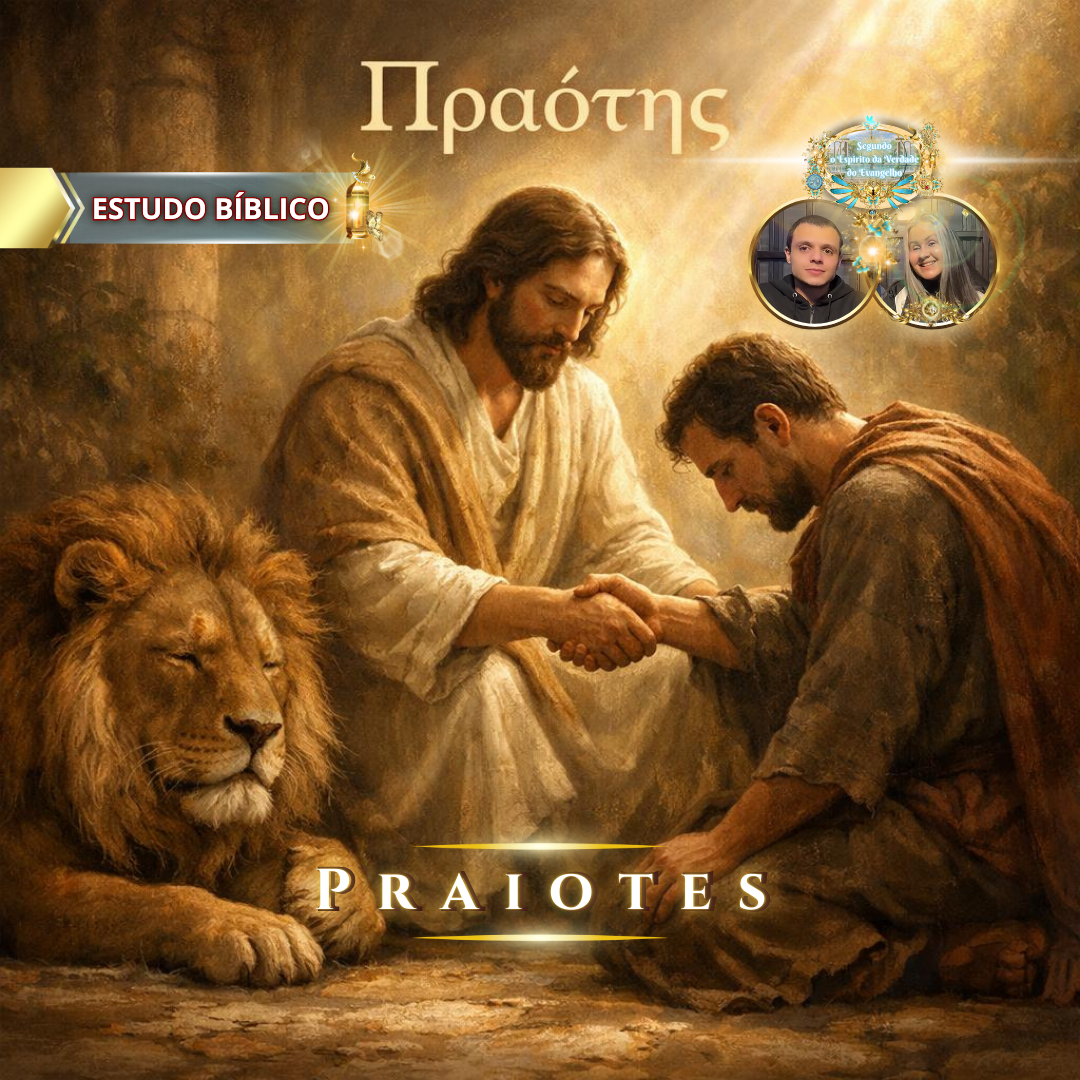 Jesus Cristo recebendo um homem em oração ao lado de um leão, simbolizando fé, coragem espiritual e confiança em Deus durante o estudo bíblico cristão.