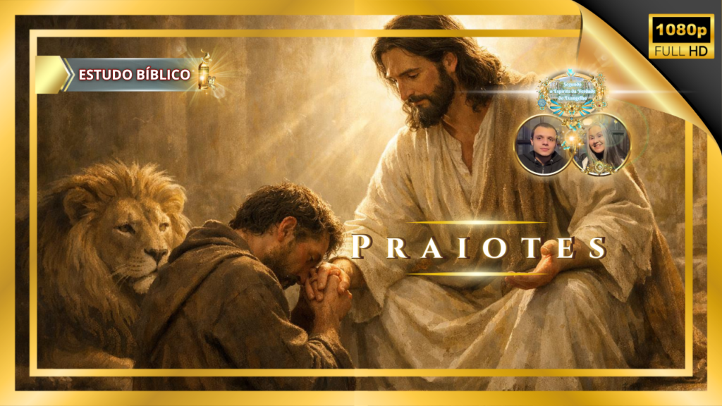Jesus Cristo recebendo um homem em oração ao lado de um leão, simbolizando fé, coragem espiritual e confiança em Deus durante o estudo bíblico cristão.