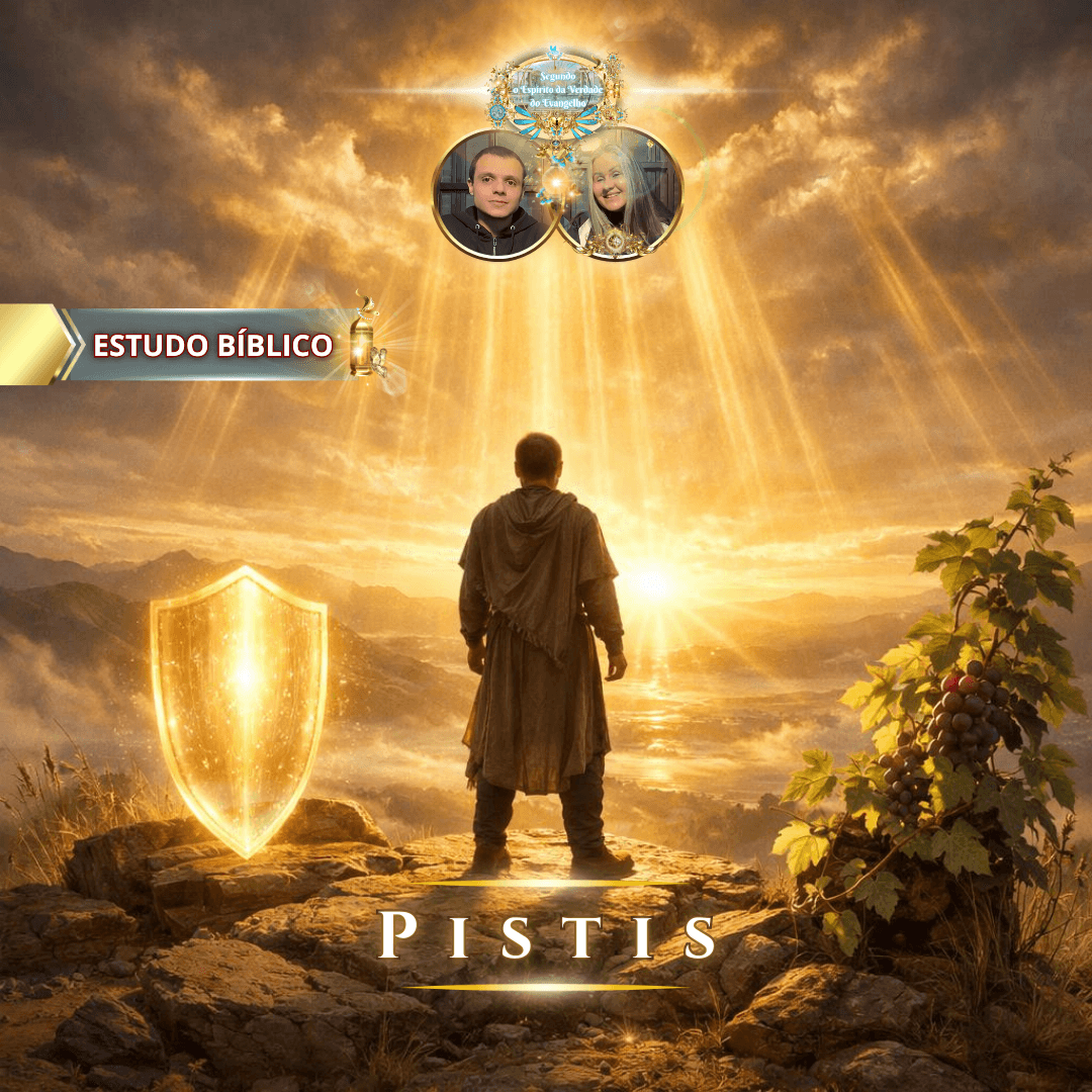 Pistis — homem de costas contemplando a luz do Espírito da Verdade que desce do céu, com escudo luminoso e frutos da videira, simbolizando fé cristã verdadeira, proteção divina, fruto do Espírito e perseverança segundo a Bíblia.