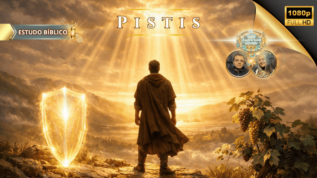 Pistis — homem de costas contemplando a luz do Espírito da Verdade que desce do céu, com escudo luminoso e frutos da videira, simbolizando fé cristã verdadeira, proteção divina, fruto do Espírito e perseverança segundo a Bíblia.