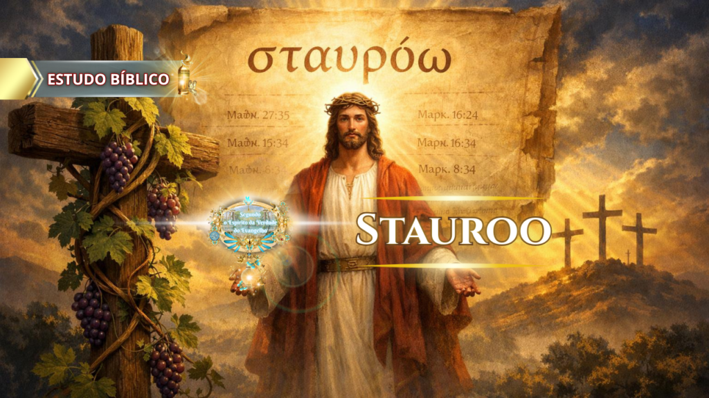 Ilustração bíblica de Jesus Cristo associada ao termo grego Stauroō, representando a crucificação da carne segundo Gálatas 5:24, em estudo bíblico da Deus e Nós Igreja Online.