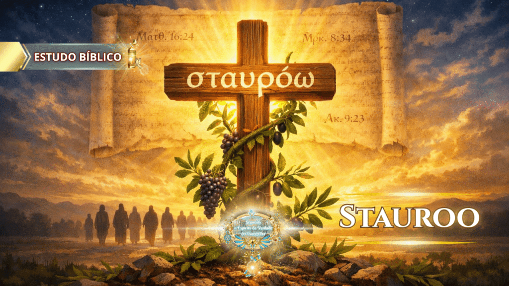 Estudo bíblico sobre Stauroō apresentado pela Deus e Nós Igreja Online, explicando a crucificação da carne segundo Gálatas 5:24, com ensino visual dos Evangelhos Sinóticos.