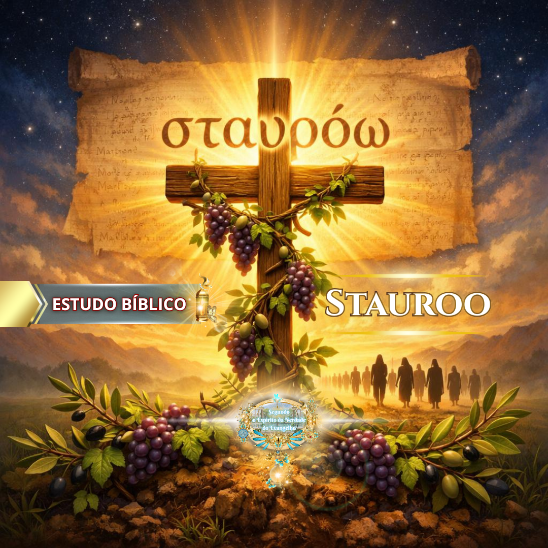 Estudo bíblico sobre Stauroō apresentado pela Deus e Nós Igreja Online, explicando a crucificação da carne segundo Gálatas 5:24, com ensino visual dos Evangelhos Sinóticos.