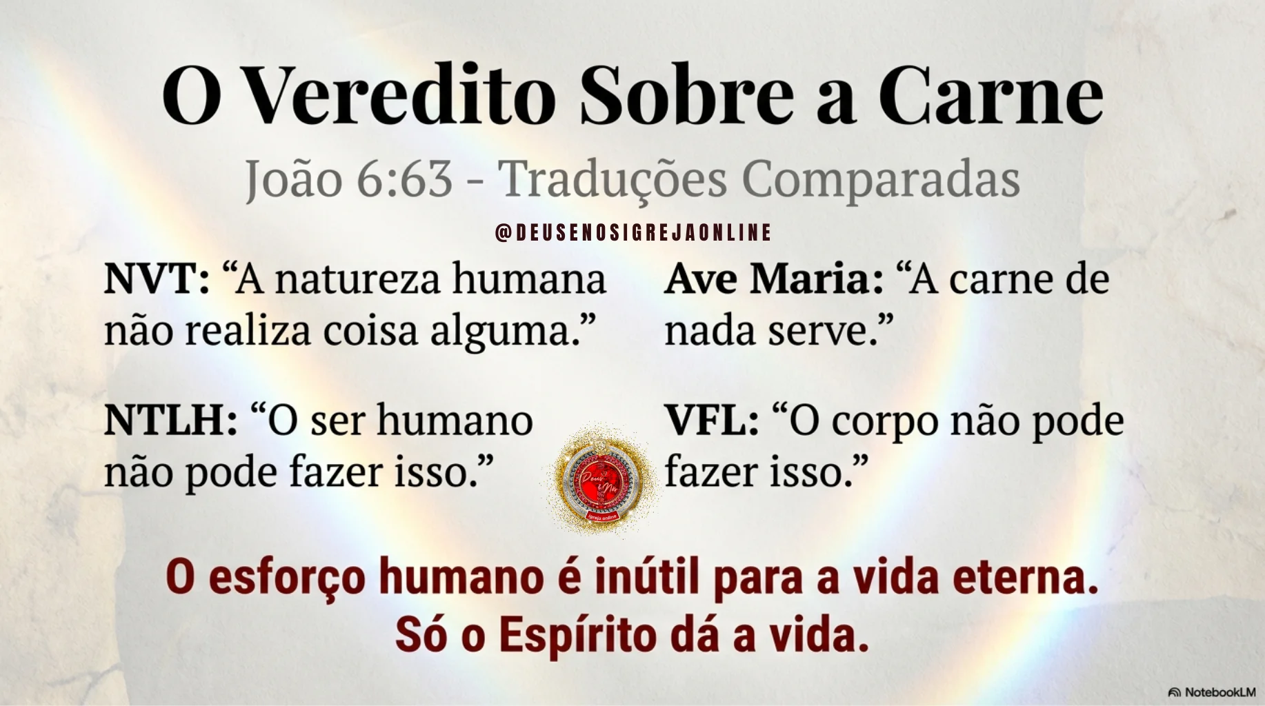 Rhema vs Logos estudo bíblico sobre a diferença entre palavra revelada e palavra escrita, alertando contra a religião sem o Espírito Santo, Deus e Nós Igreja Online