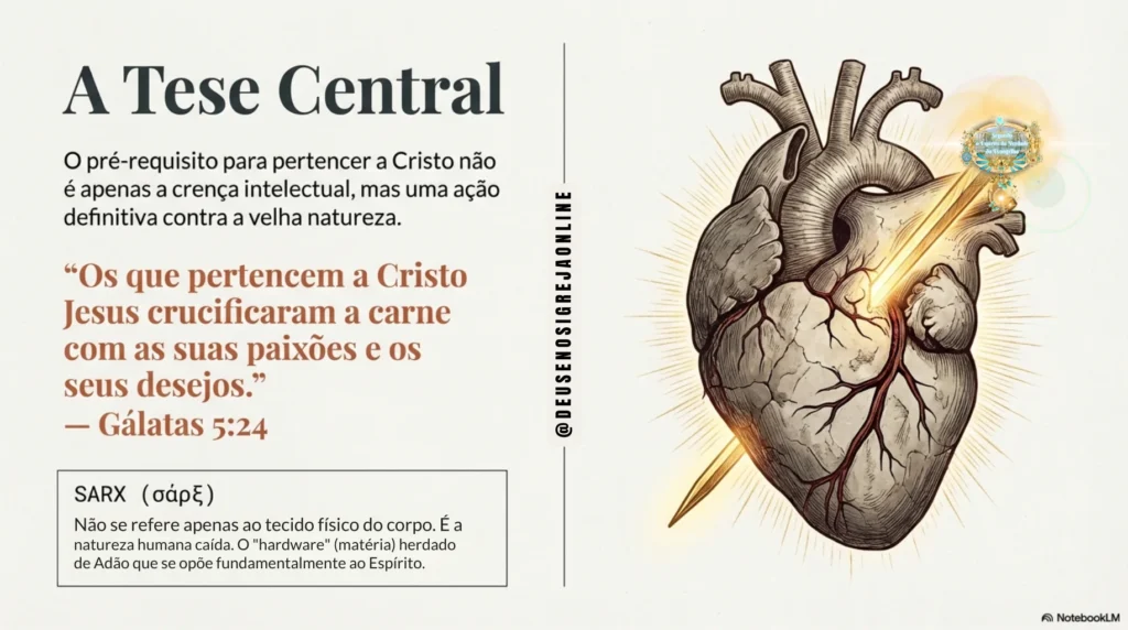 Estudo bíblico sobre Sarx e a crucificação da carne, revelando a natureza humana caída, a obra da cruz e a vitória do Espírito segundo o Evangelho de Cristo