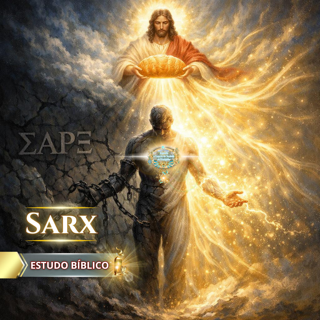 Jesus oferece o pão da vida enquanto homem simbolizando a sarx é libertado das correntes, estudo bíblico sobre carne e Espírito, Gálatas 5:24, Deus e Nós Igreja Online.