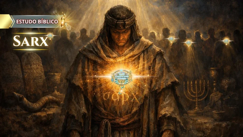 Sacerdote em ambiente do Antigo Testamento com símbolo da sarx iluminado no peito, mas com a SEVE (Segundo o Espírito da Verdade do Evangelho) apontando o novo nascimento, estudo bíblico sobre carne, lei e circuncisão do coração, Deus e Nós Igreja Online