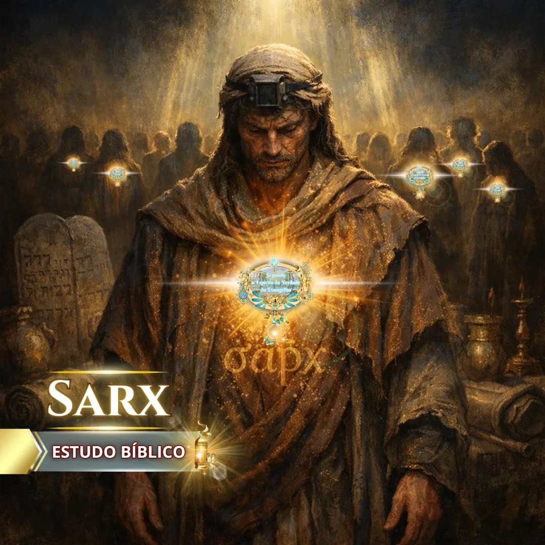 Sacerdote em ambiente do Antigo Testamento com símbolo da sarx iluminado no peito, mas com a SEVE (Segundo o Espírito da Verdade do Evangelho) apontando o novo nascimento, estudo bíblico sobre carne, lei e circuncisão do coração, Deus e Nós Igreja Online