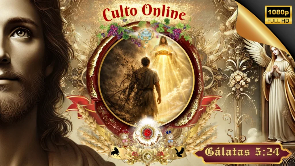Culto online com estudo bíblico de Gálatas 5:24 sobre crucificar a carne com Cristo, negar a natureza pecaminosa e viver no Espírito segundo o Evangelho