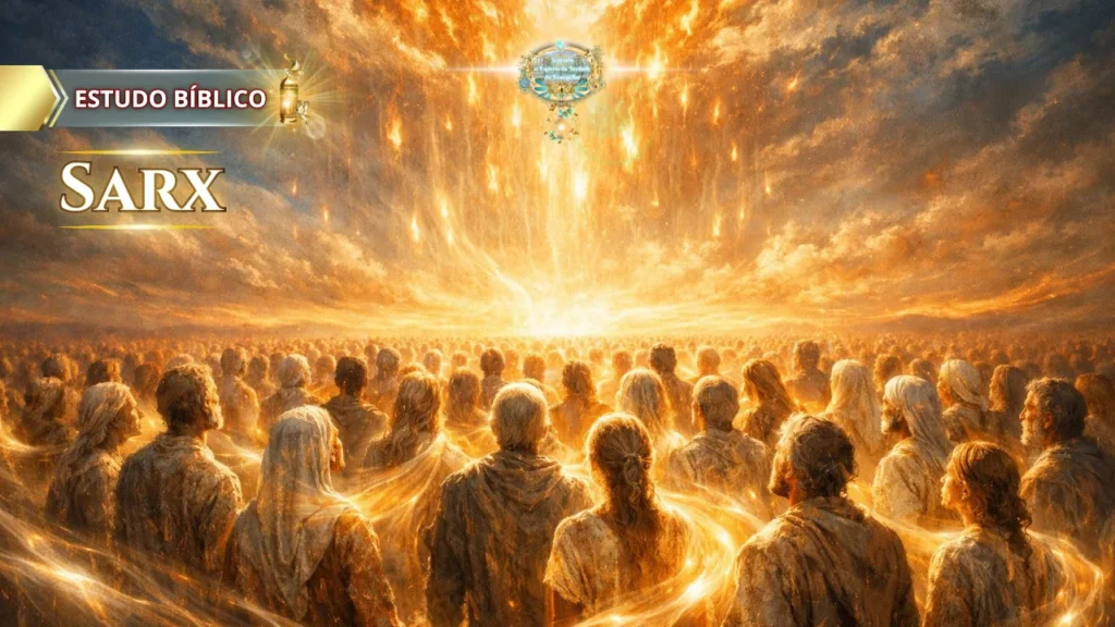 Multidão envolvida pela luz celestial representando a plenitude no Senhor Jesus Cristo e a transformação da sarx pelo Espírito Santo, estudo bíblico Deus e Nós Igreja Online.