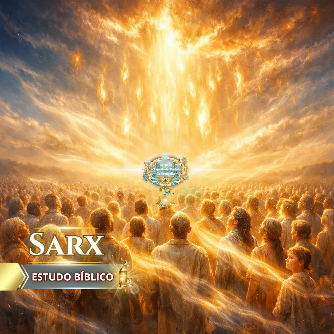 Multidão envolvida pela luz celestial representando a plenitude no Senhor Jesus Cristo e a transformação da sarx pelo Espírito Santo, estudo bíblico Deus e Nós Igreja Online.