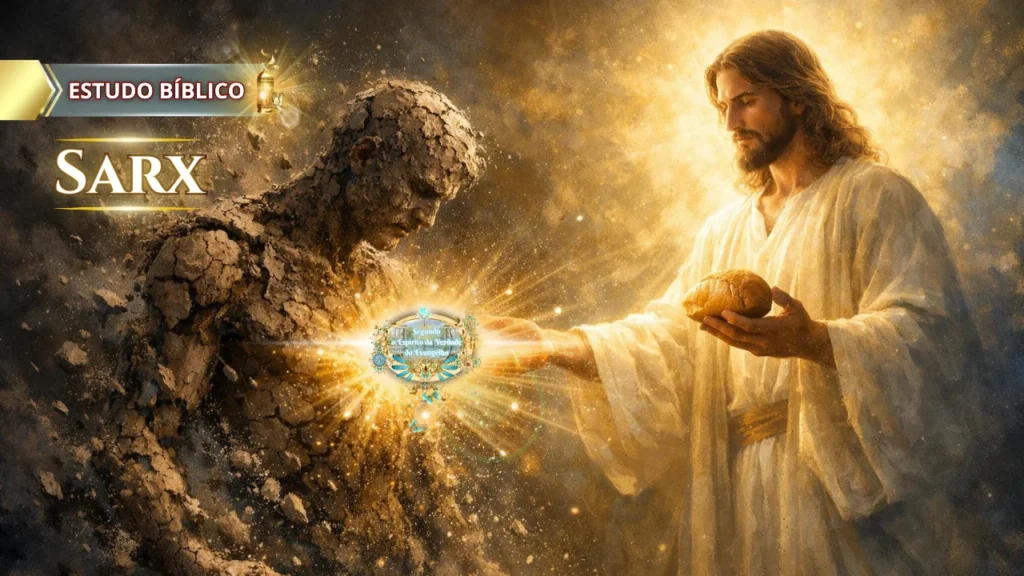 Jesus oferece o pão da vida enquanto o homem feito de terra representa a sarx, estudo bíblico sobre carne e Espírito; Rhema e Logos ; da Deus e Nós Igreja Online