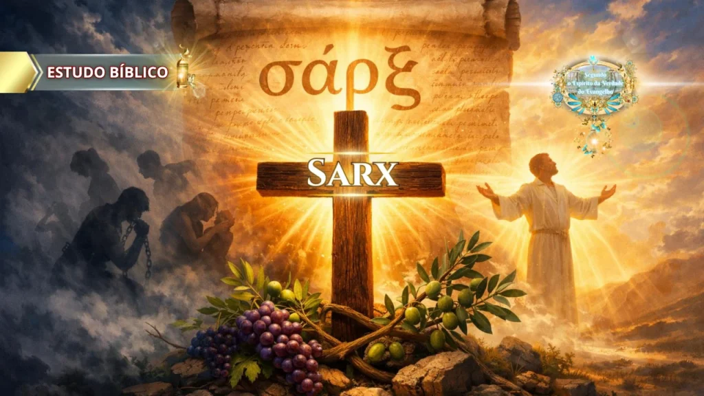 Imagem bíblica da cruz representando a crucificação da carne (sarx) pelo amor ágape, com contraste entre escravidão do pecado e liberdade em Cristo Jesus, segundo Gálatas 5:24 – Deus e Nós Igreja Online